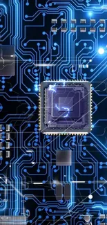 Futuristic circuit board wallpaper with glowing blue lines and microchip.