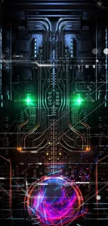 Futuristic circuit board wallpaper with glowing elements.