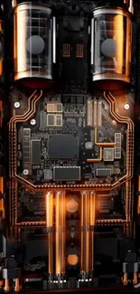 Futuristic circuit board with orange glow design for mobile wallpaper.