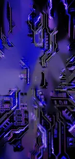 Futuristic neon circuit board wallpaper in blue and purple.