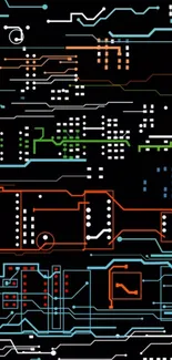 Futuristic circuit board wallpaper with colorful lines on black background.