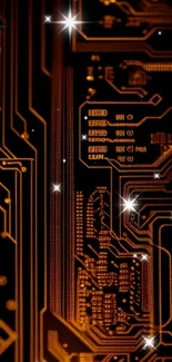 Futuristic circuit board wallpaper with orange lines on black background.