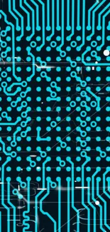 Teal circuit board design on a black background.