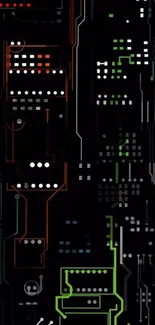 Futuristic neon circuit board wallpaper on black background.