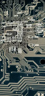 Intricate circuit board wallpaper with futuristic design and dark grey tones.