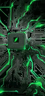 Futuristic green circuit board wallpaper with glowing elements and tech design.