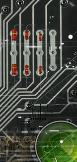 Futuristic circuit board wallpaper with intricate patterns and tech design.