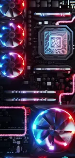 Futuristic circuit board with vibrant neon lights and fans in a dynamic design.