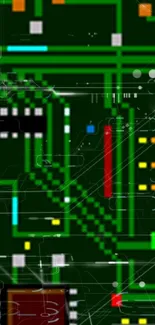 Futuristic circuit board design with green and colorful elements.