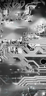 Futuristic circuit board wallpaper in silver tones.