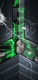 Futuristic wallpaper with neon green circuits and cracked glass effect.