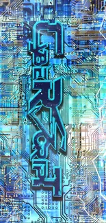 Futuristic blue circuit design on a cyberpunk mobile wallpaper.