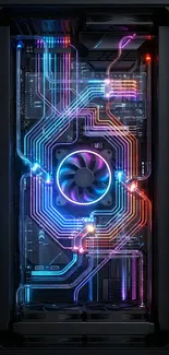 Vibrant neon circuit design with fan.