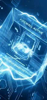 Digital glowing cube with circuit design on wallpaper.