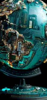 Futuristic Earth with circuit design pattern in teal tones.