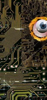 Futuristic circuit board with digital eye design.