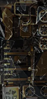 Futuristic gold circuit wallpaper with shattered glass.