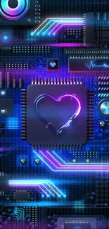 Neon heart on a futuristic circuit board wallpaper.