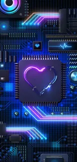 Futuristic circuit board wallpaper with neon heart design.