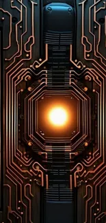 Futuristic circuit board with glowing center light.