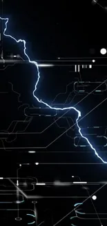 Futuristic digital circuit with glowing blue lightning on black background.