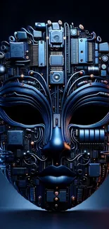 Mask with circuit board design on blue background.