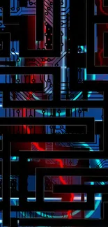 Futuristic maze design with neon red and blue hues.