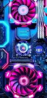 Futuristic neon circuit art on a digital wallpaper.