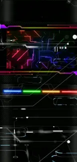 Futuristic neon circuit design wallpaper with vibrant colors on a dark background.