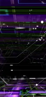 Futuristic wallpaper with neon circuits and digital lines in a purple hue.