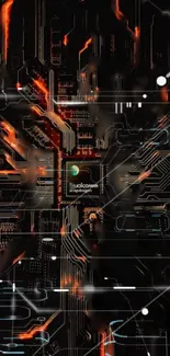 Futuristic circuit wallpaper with glowing orange lines.