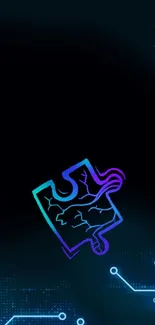 Neon puzzle piece on dark circuit background.