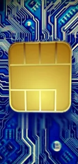 Futuristic SIM card on blue circuit design wallpaper.