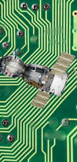 Satellite on a green circuit board, futuristic tech wallpaper.