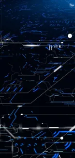 Futuristic circuit design with blue lines on a dark background.