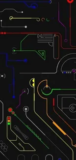 Futuristic circuit board wallpaper with neon lines.