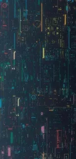 Futuristic circuit board wallpaper with vibrant neon lights in dark tones.