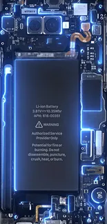 Futuristic mobile wallpaper with glowing blue circuitry design.