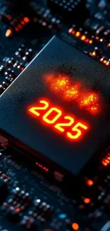Glowing 2025 on futuristic circuit board wallpaper