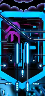 Futuristic blue circuitry design with purple details on a mobile wallpaper.