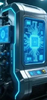 Futuristic machine with glowing circuitry on display.