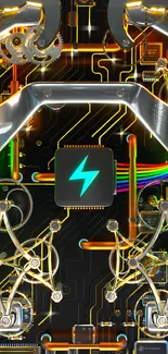 Futuristic circuitry wallpaper with neon glowing chip and mechanical design.