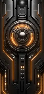 Futuristic mobile wallpaper with orange glow and circuitry design.