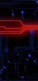 Futuristic neon circuit wallpaper with red and blue glow.