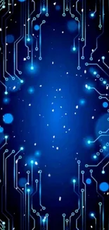 Futuristic blue circuitry wallpaper with glowing circuits and digital design.