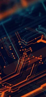 Futuristic circuitry wallpaper with glowing orange circuits on dark blue background.