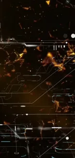 Futuristic digital wallpaper with glowing orange circuitry on a dark background.