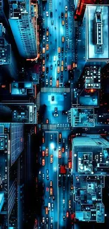 Aerial view of a futuristic city with neon lights.