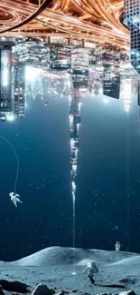 Surreal upside-down cityscape with astronauts in space.