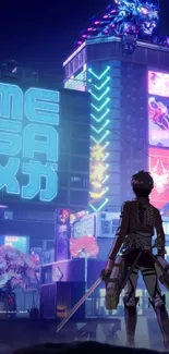 Anime character in neon-lit futuristic cityscape.